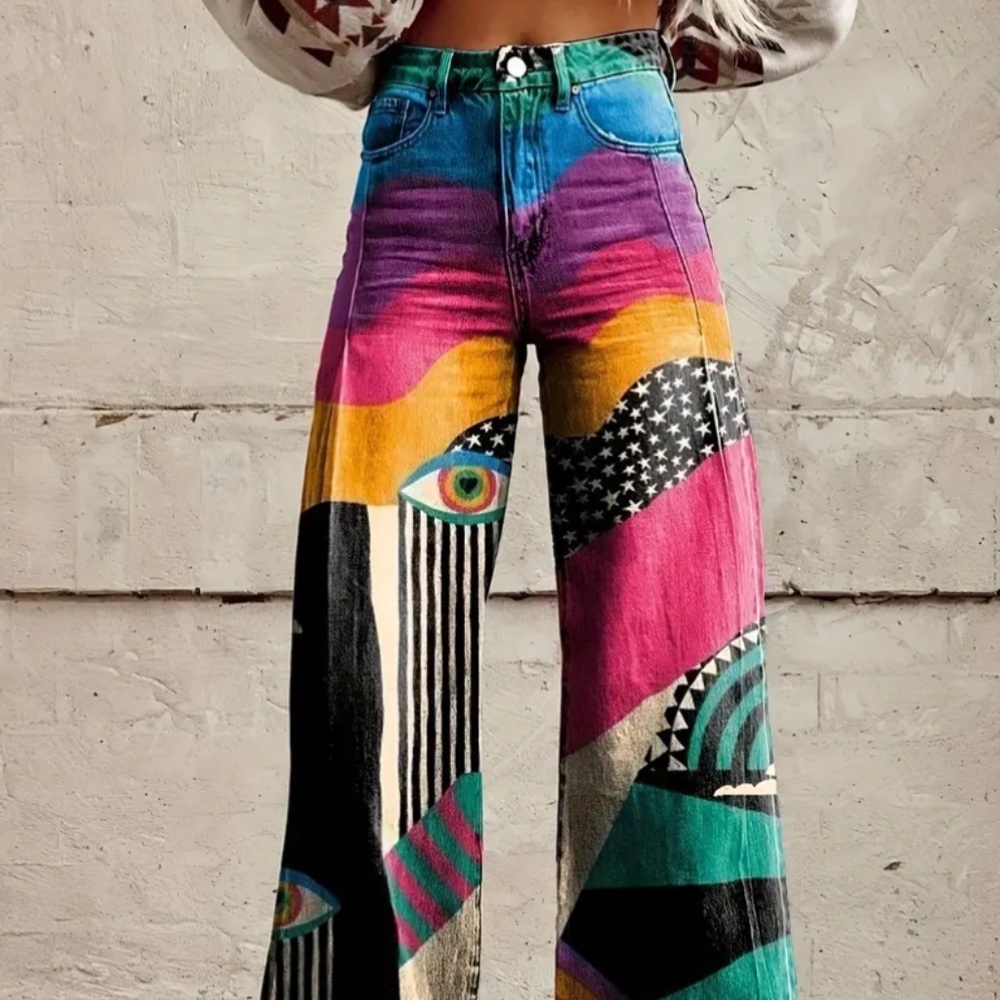 European & American 3D Printed Denim-Style Pants | All-Season Statement Trousers